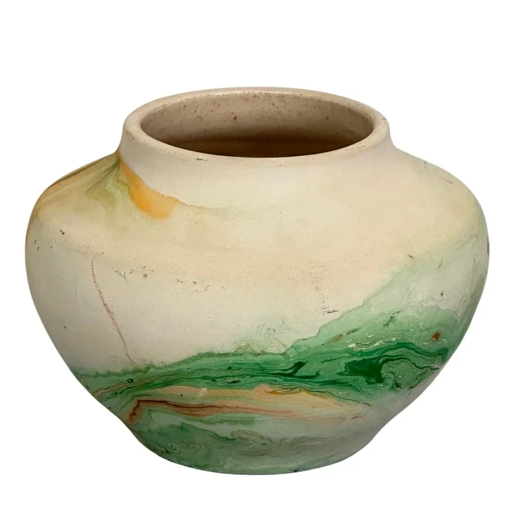 Vintage Nemadji USA Pottery Swirl Glaze Native‎ American Earth Tones Green Gold